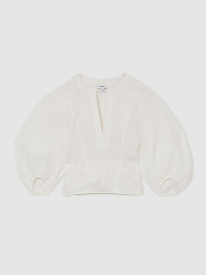Reiss Best Seller - Linen Balloon-Sleeve Top in Ivory