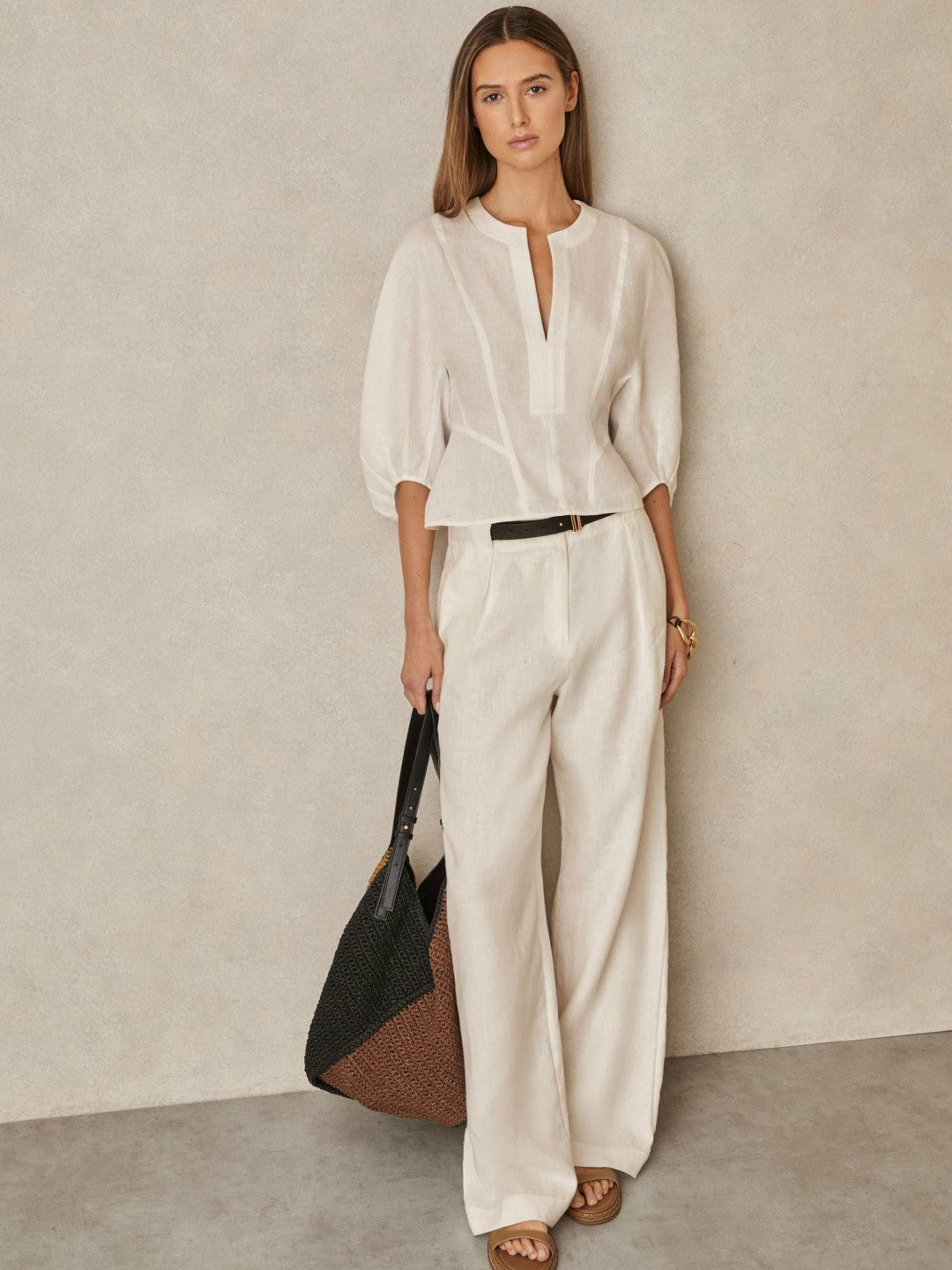 Reiss Best Seller - Linen Balloon-Sleeve Top in Ivory