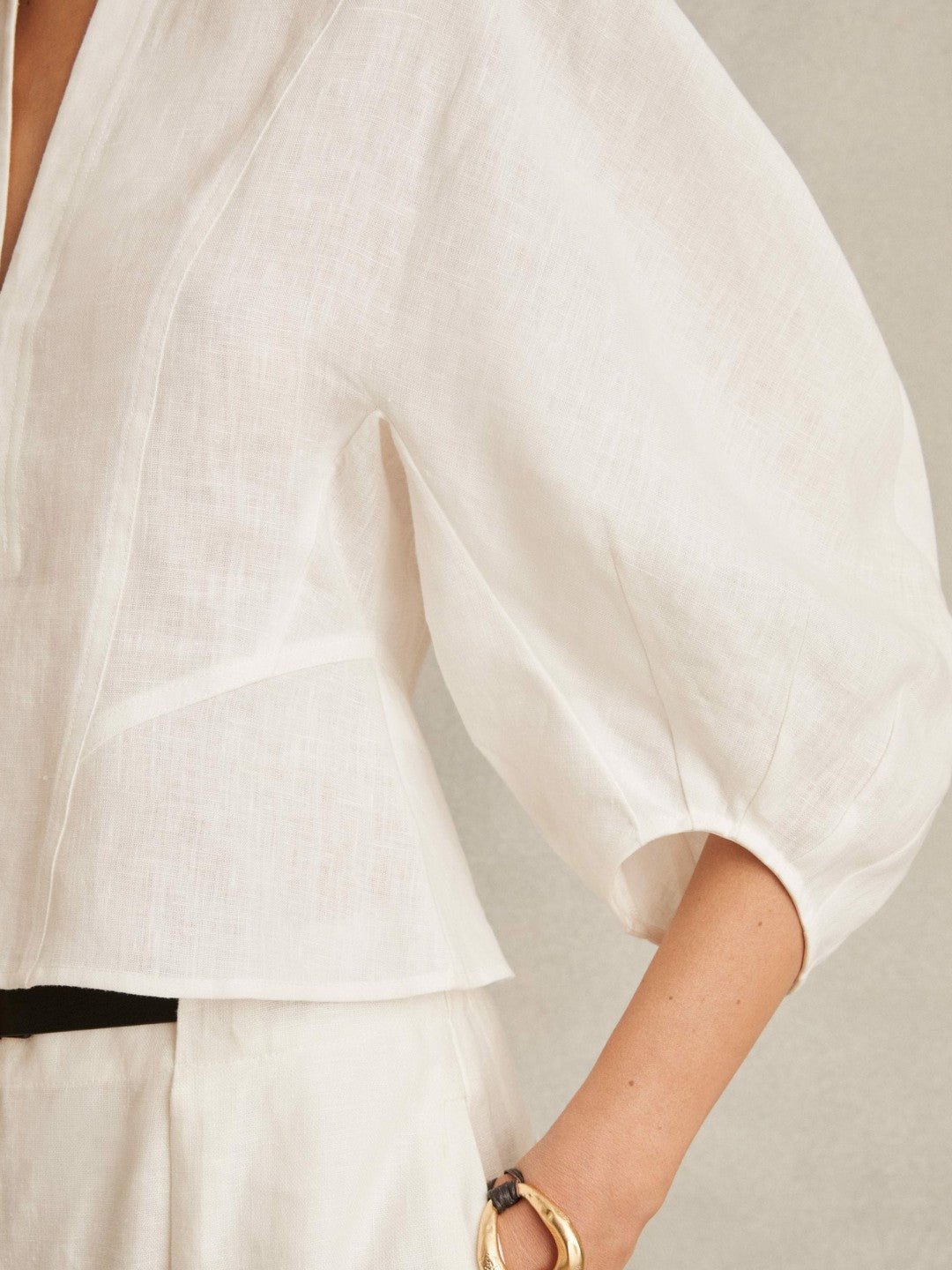 Reiss Best Seller - Linen Balloon-Sleeve Top in Ivory