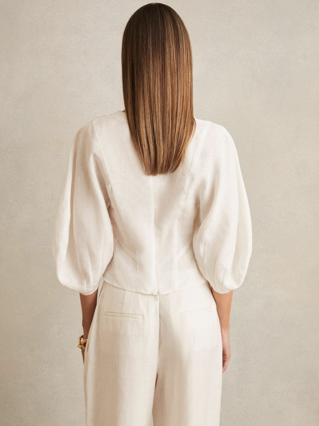 Reiss Best Seller - Linen Balloon-Sleeve Top in Ivory