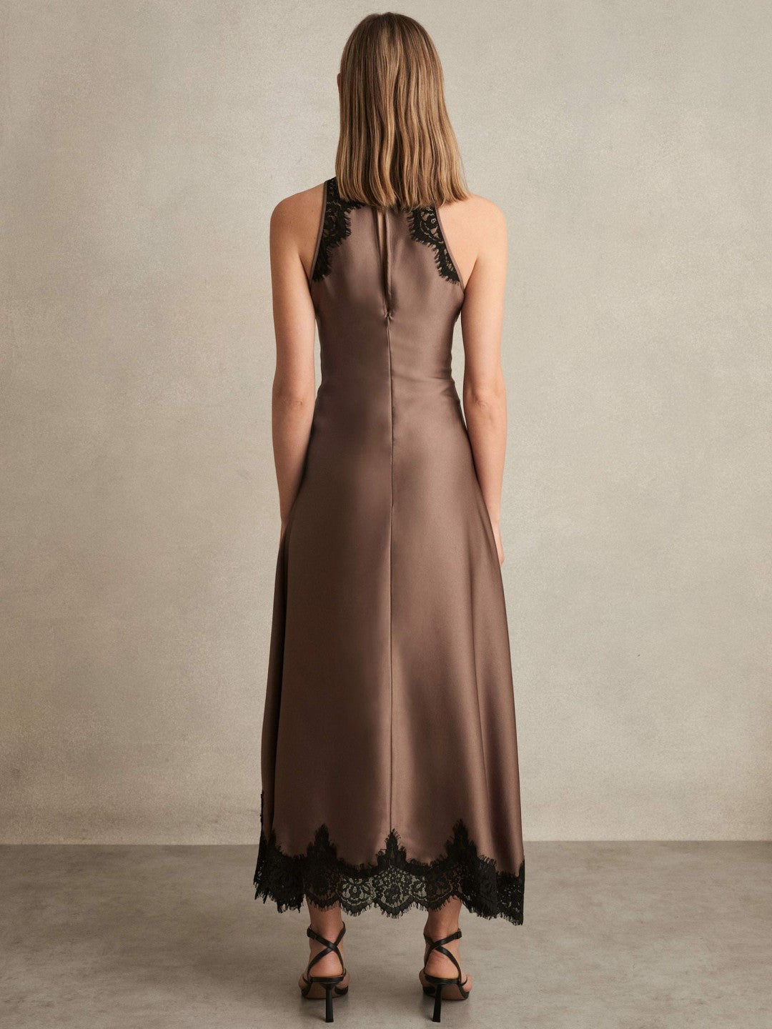 Reiss Satin Drape Lace-Trim Dress in Mocha Brown
