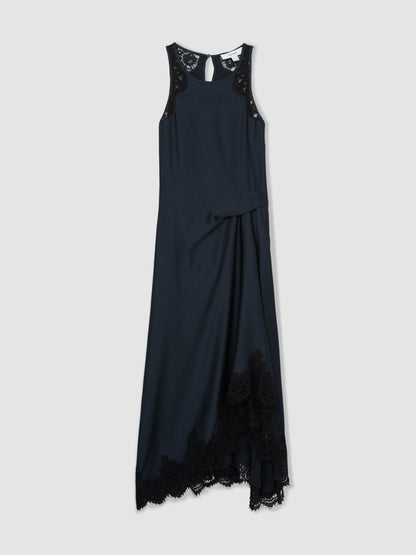 Reiss Satin Drape Lace-Trim Dress in Navy
