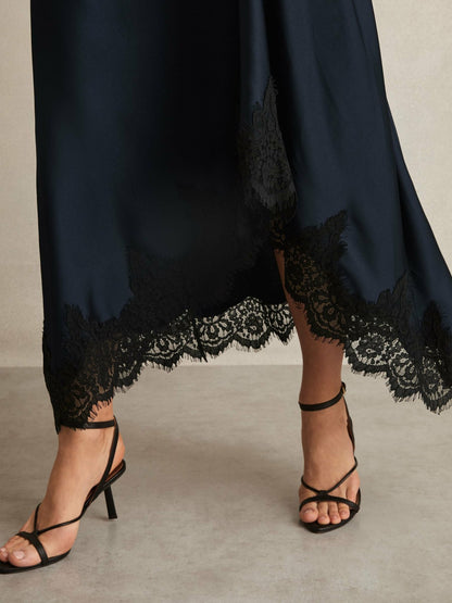 Reiss Satin Drape Lace-Trim Dress in Navy