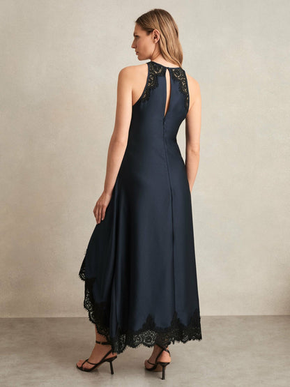 Reiss Satin Drape Lace-Trim Dress in Navy