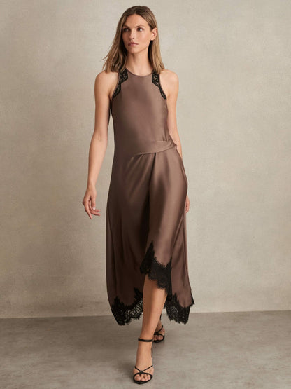 Reiss Petite Satin Drape Lace-Trim Dress in Mocha Brown