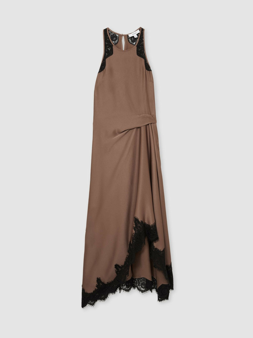 Reiss Petite Satin Drape Lace-Trim Dress in Mocha Brown