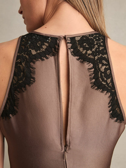 Reiss Petite Satin Drape Lace-Trim Dress in Mocha Brown