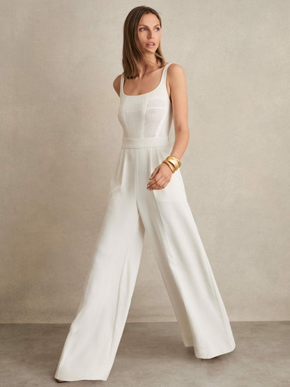 Reiss Sale - Perforated-Knit Wide-Leg Jumpsuit in Ivory
