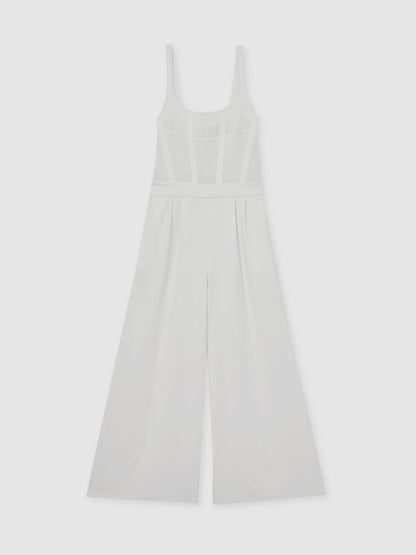 Reiss Sale - Perforated-Knit Wide-Leg Jumpsuit in Ivory