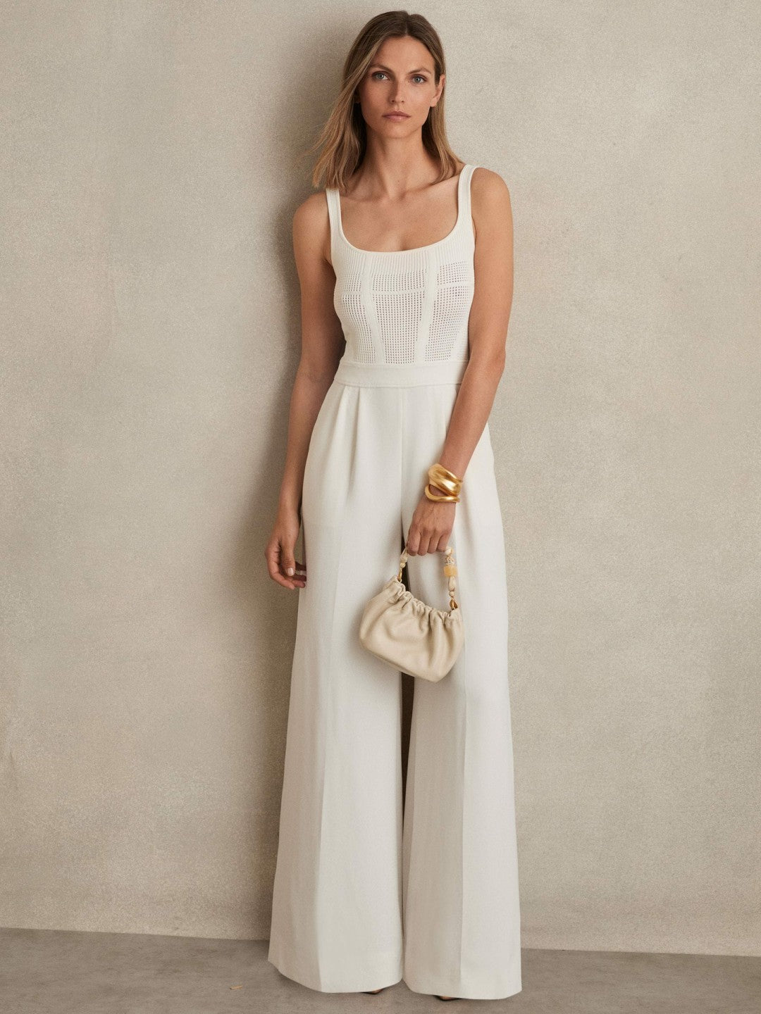 Reiss Sale - Perforated-Knit Wide-Leg Jumpsuit in Ivory