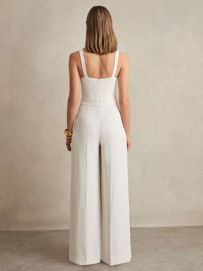 Reiss Sale - Perforated-Knit Wide-Leg Jumpsuit in Ivory