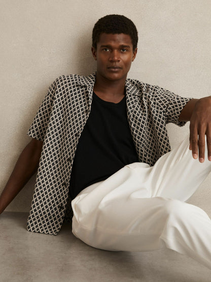 Reiss Popular Choice - Geometric-Crochet Cuban-Collar Shirt in Navy/White