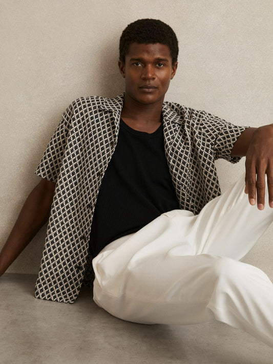 Reiss Popular Choice - Geometric-Crochet Cuban-Collar Shirt in Navy/White