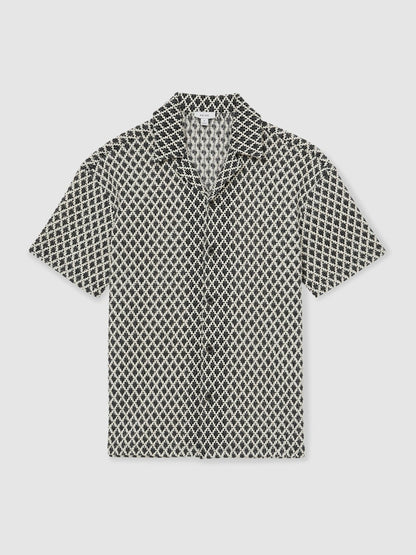 Reiss Popular Choice - Geometric-Crochet Cuban-Collar Shirt in Navy/White