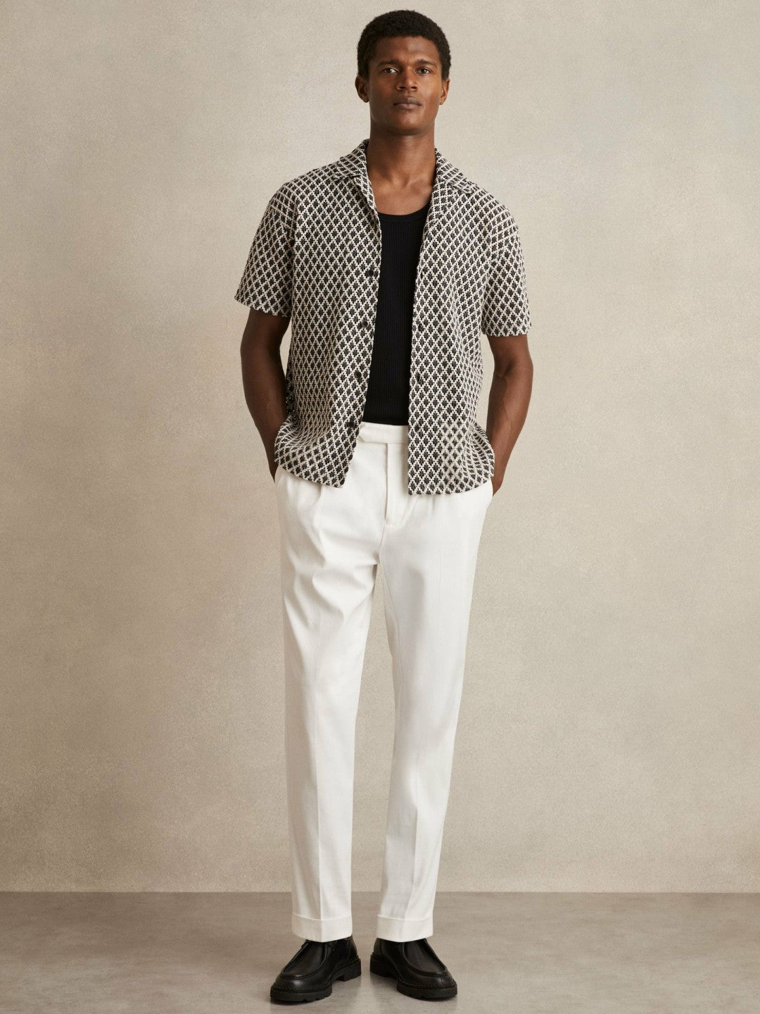 Reiss Popular Choice - Geometric-Crochet Cuban-Collar Shirt in Navy/White