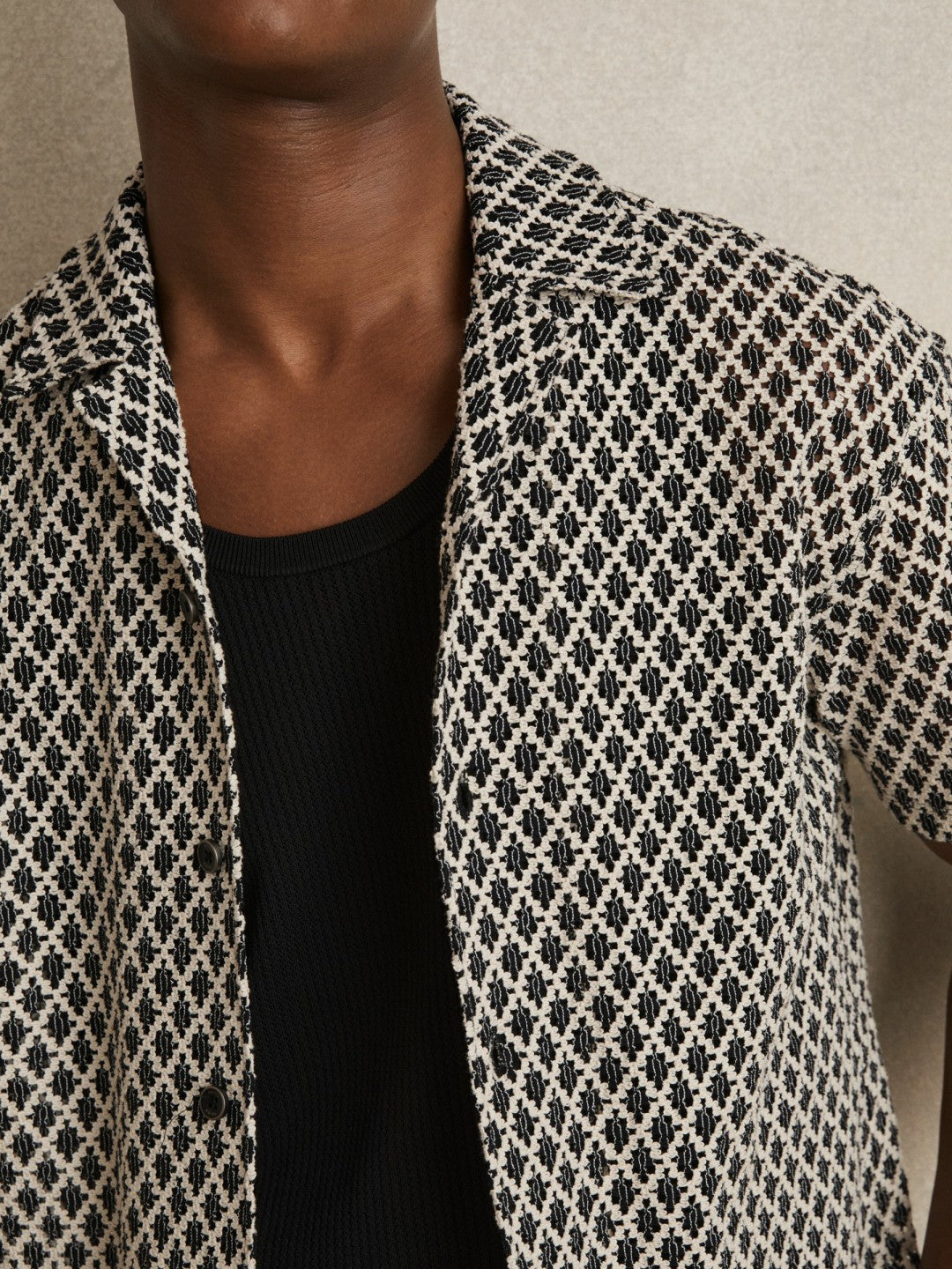 Reiss Popular Choice - Geometric-Crochet Cuban-Collar Shirt in Navy/White
