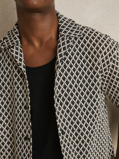 Reiss Popular Choice - Geometric-Crochet Cuban-Collar Shirt in Navy/White