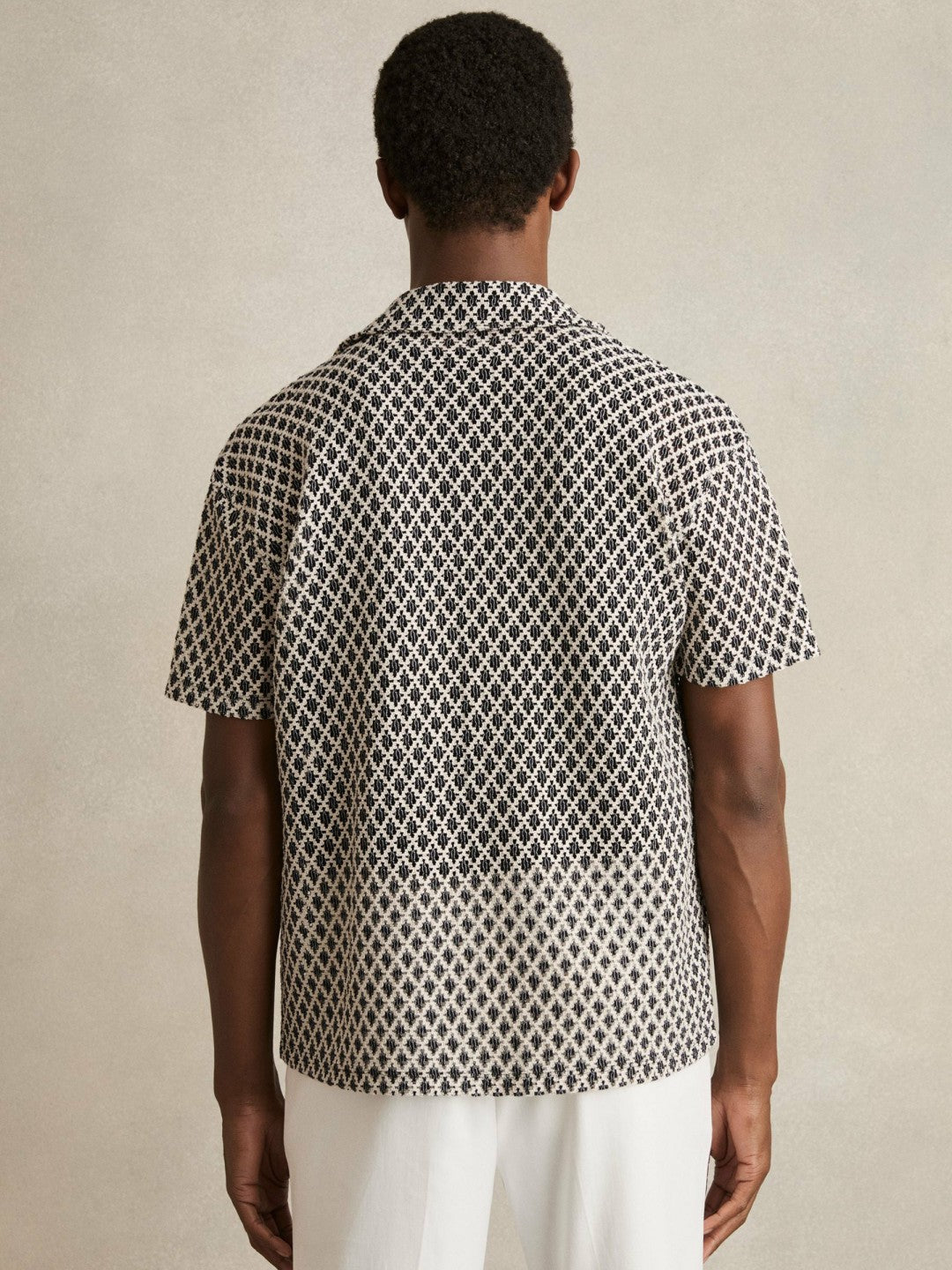 Reiss Popular Choice - Geometric-Crochet Cuban-Collar Shirt in Navy/White