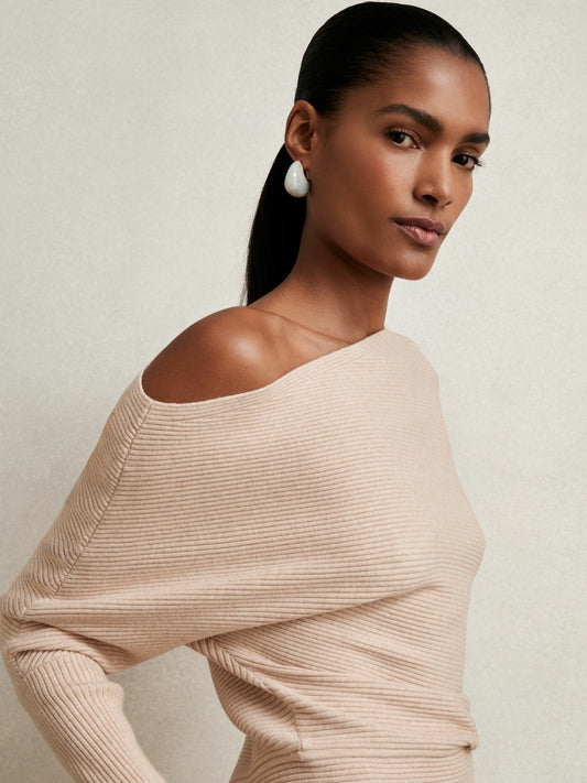 Reiss Offer - Asymmetric Draped Knitted Jumper in Oatmeal Neutral