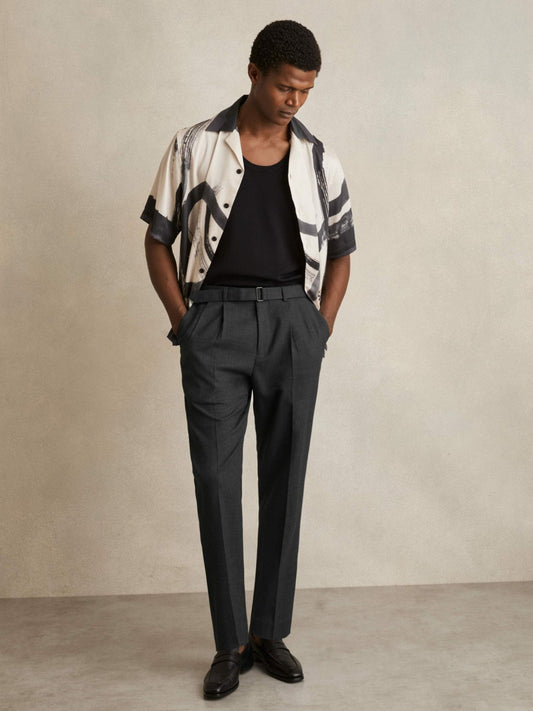 Reiss Best Seller - Wool-Blend Belted Pleated Trousers Regular-Fit in Charcoal Grey