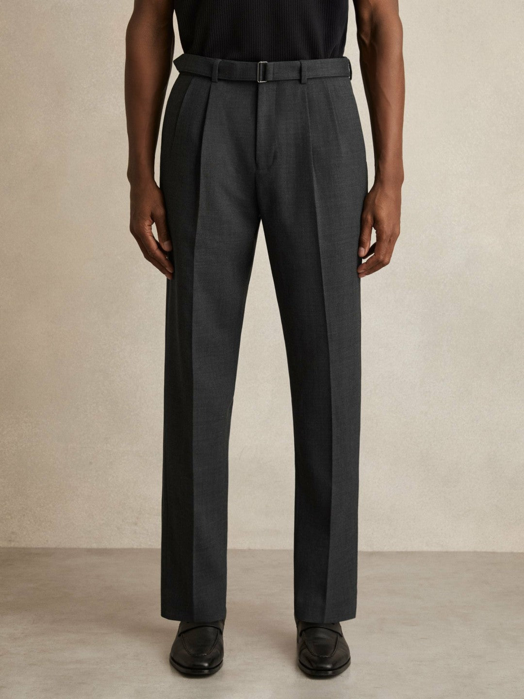Reiss Best Seller - Wool-Blend Belted Pleated Trousers Regular-Fit in Charcoal Grey