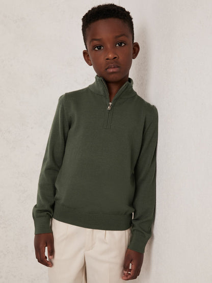 Reiss Savings - 9-13 yrs Merino Wool Half-Zip Funnel Neck Jumper in Kale Green