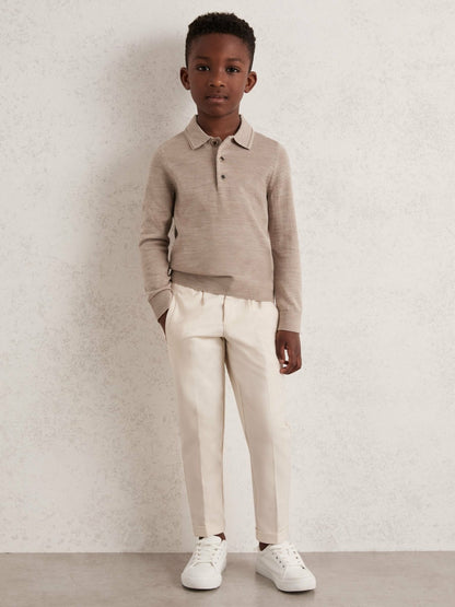Reiss 4-9 yrs Merino Wool Long-Sleeve Polo Shirt in Wheat Melange