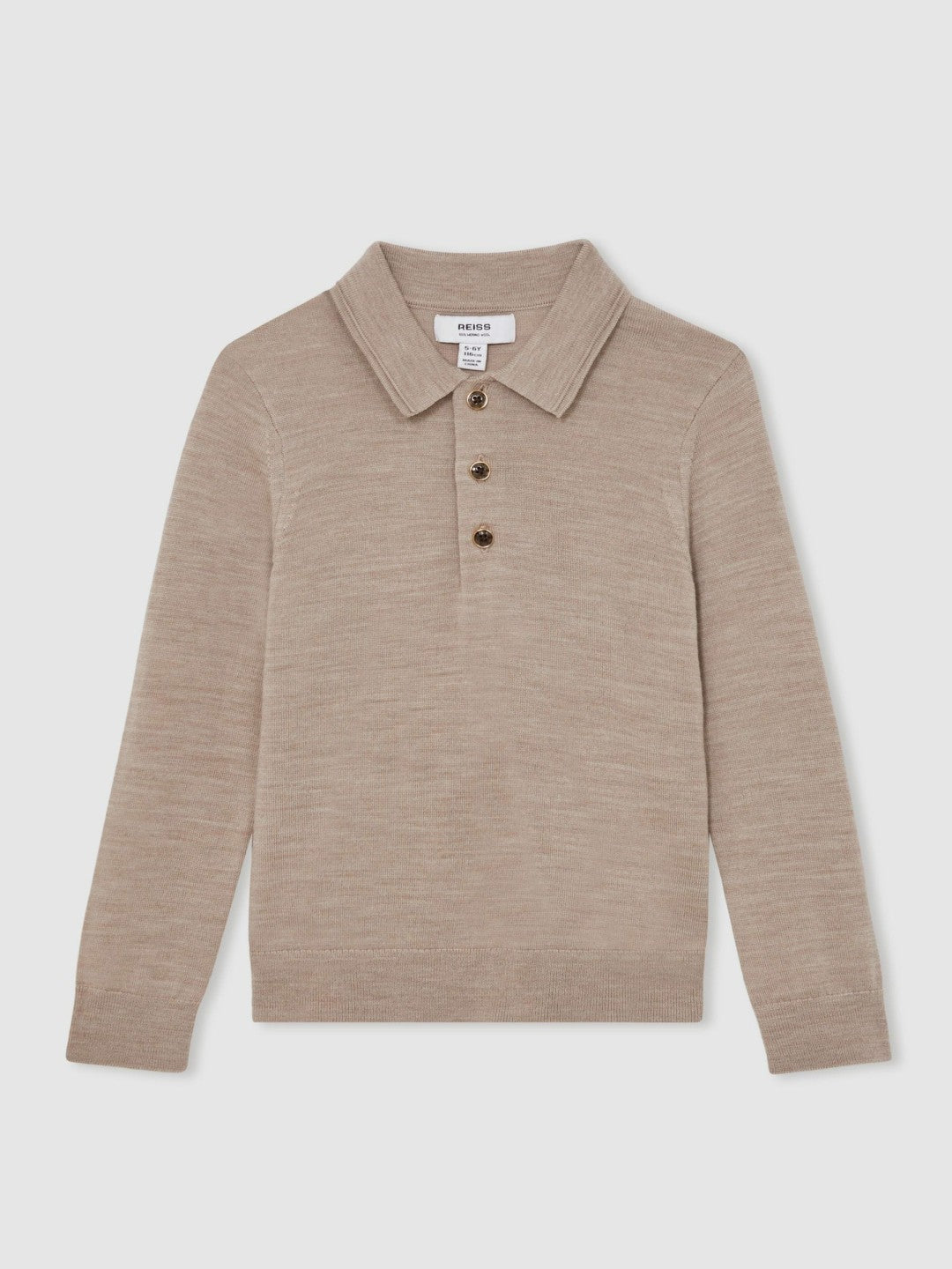 Reiss 4-9 yrs Merino Wool Long-Sleeve Polo Shirt in Wheat Melange