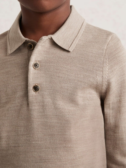 Reiss 4-9 yrs Merino Wool Long-Sleeve Polo Shirt in Wheat Melange