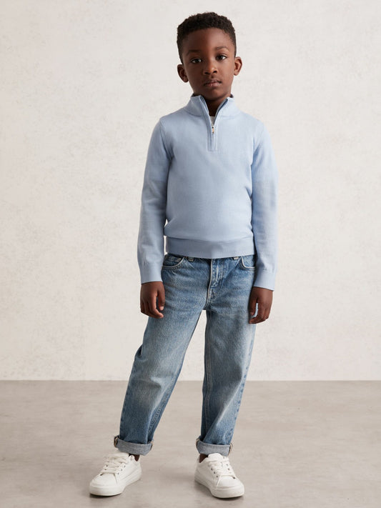 Reiss Sale - 3-9 yrs Merino Wool Half-Zip Funnel Neck Jumper in Soft Blue Melange