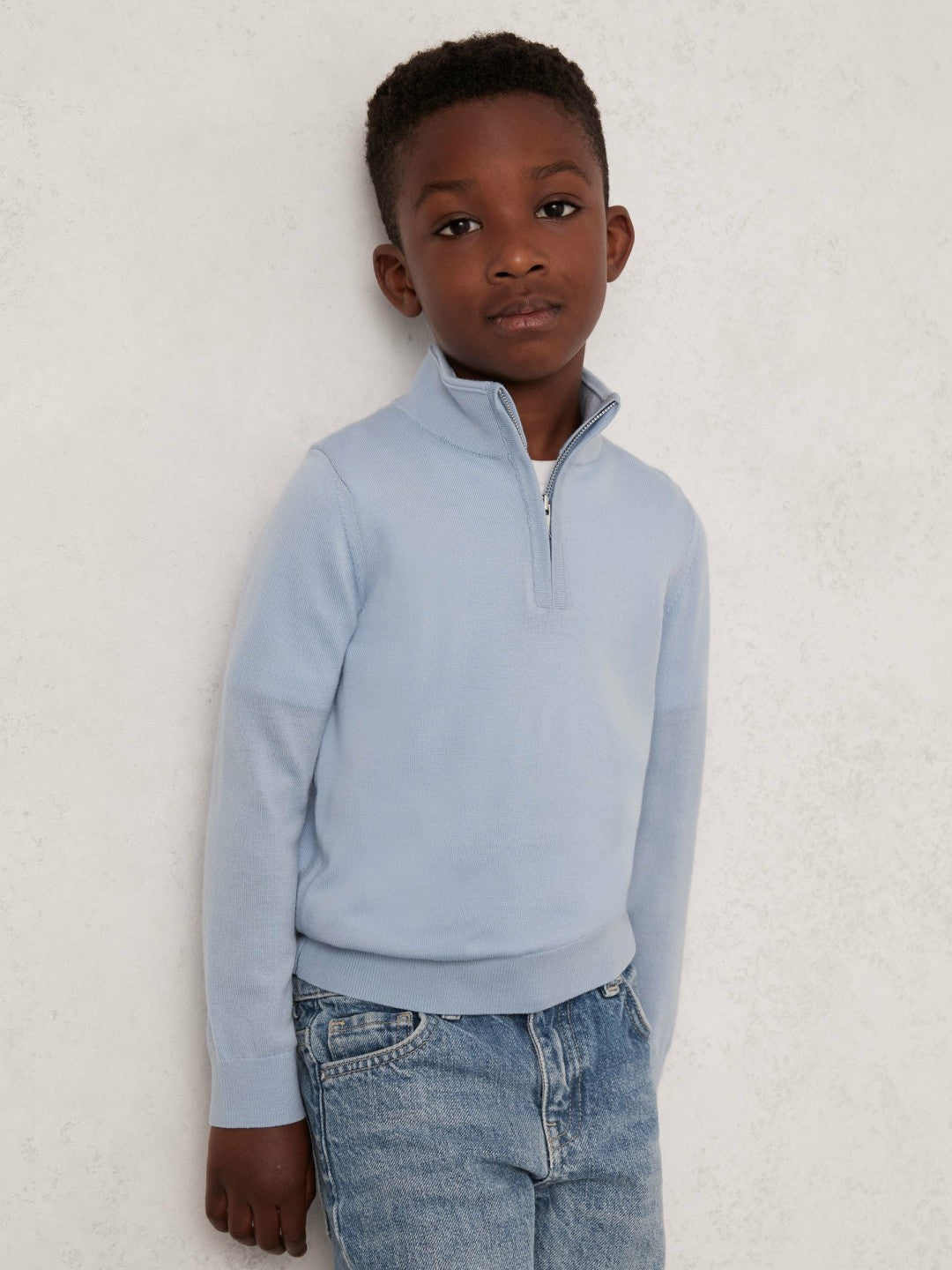 Reiss Deal - 9-13 yrs Merino Wool Half-Zip Funnel Neck Jumper in Soft Blue Melange