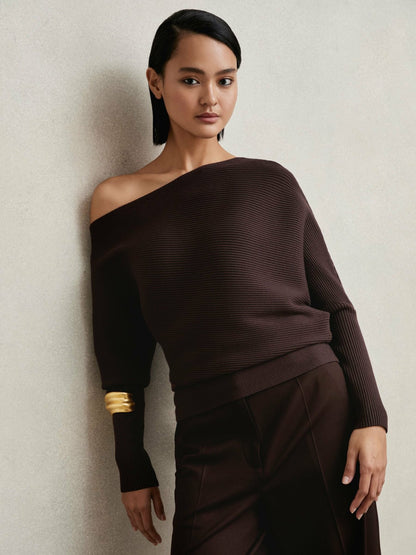 Reiss Affordable - Asymmetric Draped Knitted Jumper in Plum
