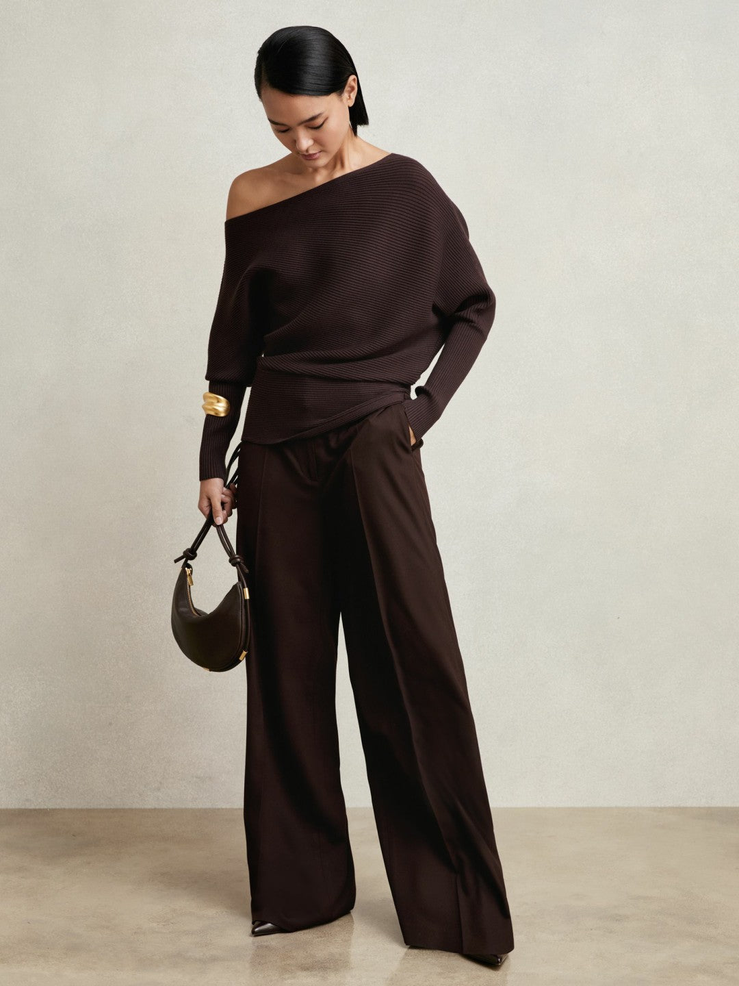 Reiss Affordable - Asymmetric Draped Knitted Jumper in Plum