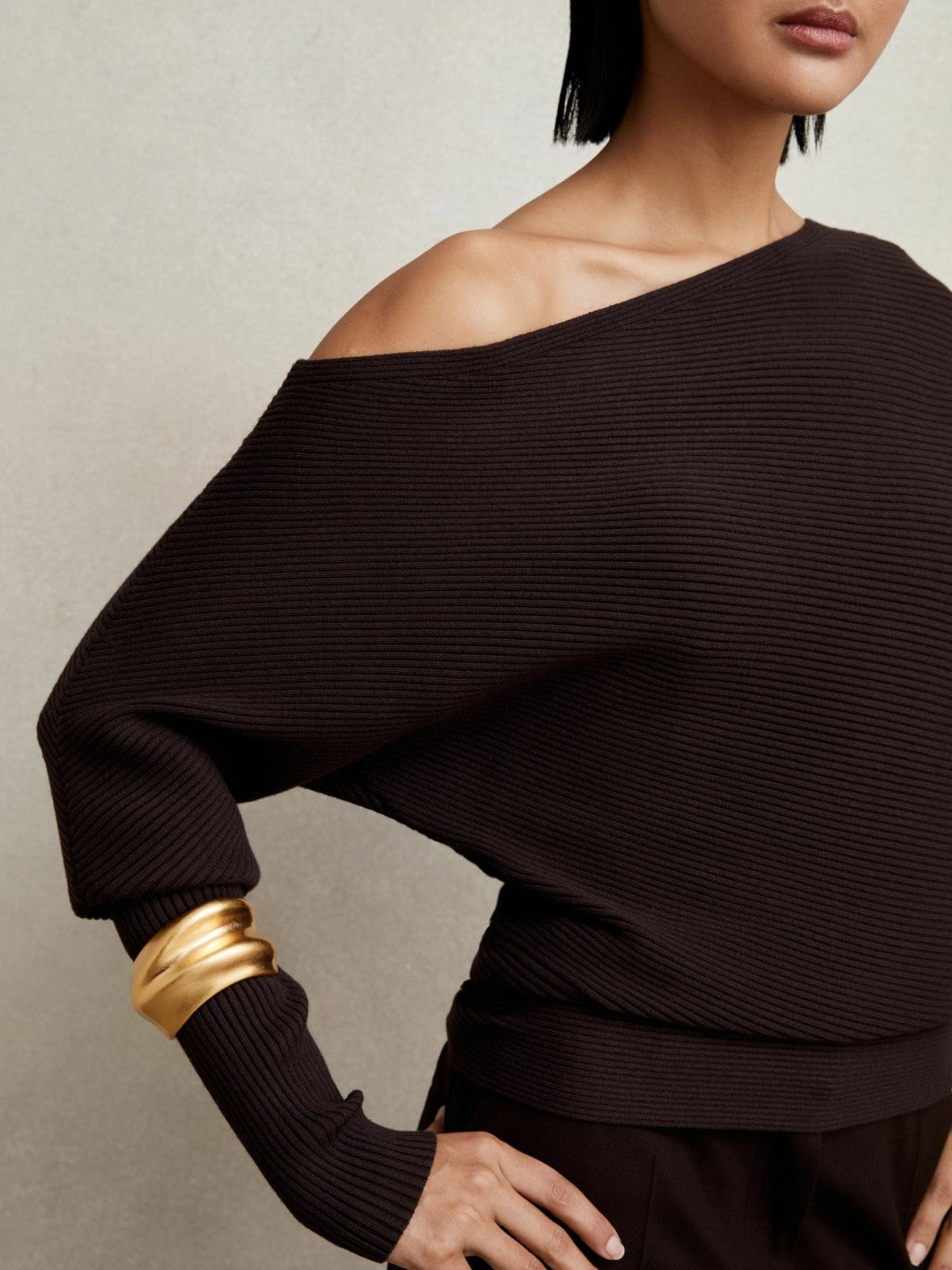 Reiss Affordable - Asymmetric Draped Knitted Jumper in Plum