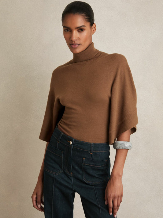 Reiss Sale - Merino Wool Batwing Roll-Neck Jumper in Tan