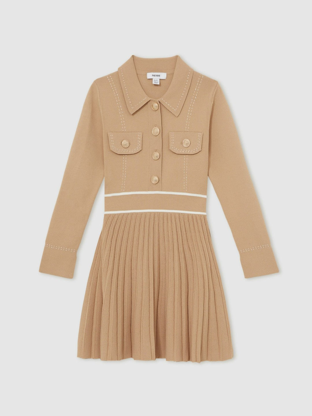 Reiss Offer - 13-14 yrs Button-Detail Stripe Knitted Dress in Camel