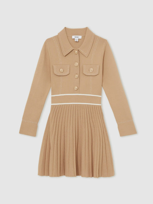 Reiss Offer - 13-14 yrs Button-Detail Stripe Knitted Dress in Camel