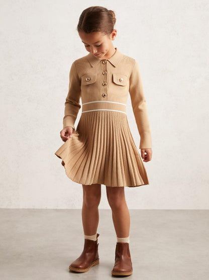 Reiss Offer - 13-14 yrs Button-Detail Stripe Knitted Dress in Camel