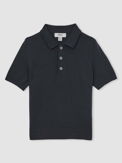 Reiss 3-9 yrs Merino Wool Short Sleeve Polo Shirt in Midnight Navy