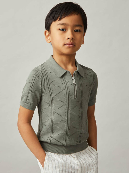 Reiss 3-9 yrs Half-Zip Pointelle Polo Shirt in Sage