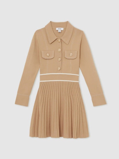 Reiss Savings - 3-9 yrs Button-Detail Stripe Knitted Dress in Camel