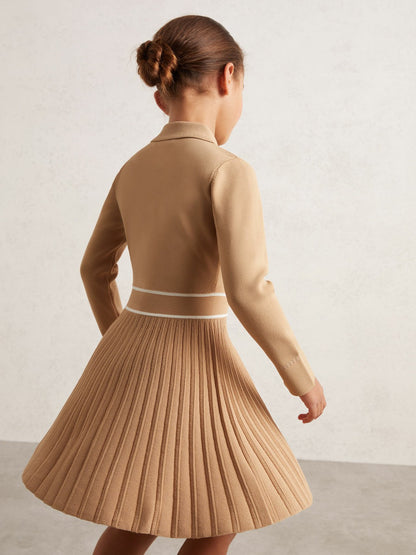 Reiss Savings - 3-9 yrs Button-Detail Stripe Knitted Dress in Camel