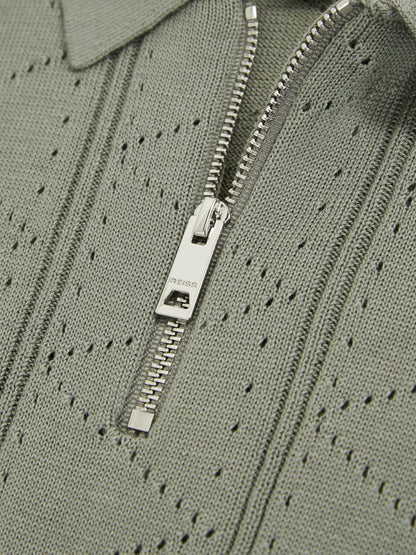 Reiss Best Seller - 9-13 yrs Half-Zip Pointelle Polo Shirt in Sage