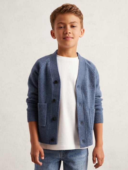 Reiss Popular Choice - 3-9 yrs Wool Embroidered-Logo Cardigan in Dark Airforce Blue