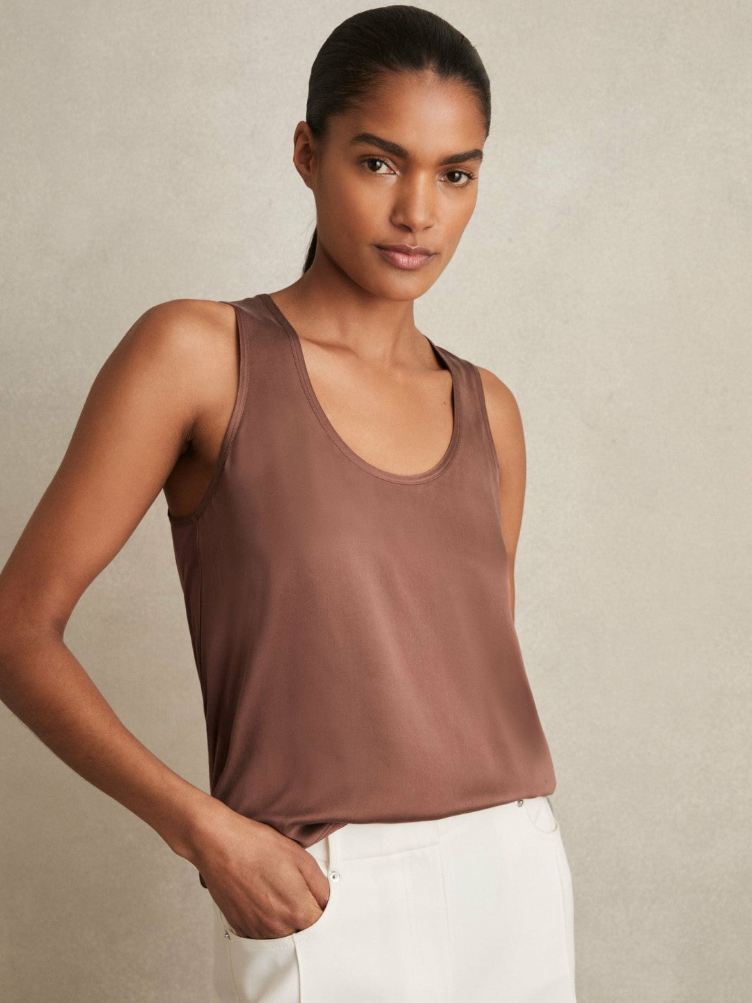 Reiss Silk-Front Cami Top in Mocha Brown