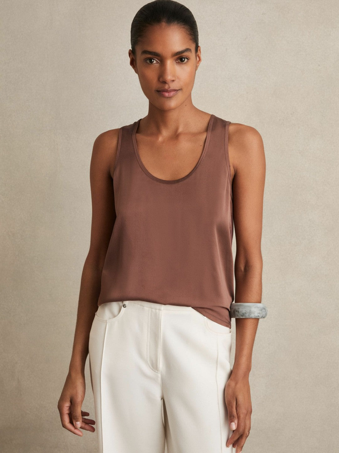 Reiss Silk-Front Cami Top in Mocha Brown