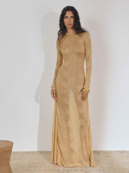 Reiss Lace-Knit Ruched Maxi Dress in Gold