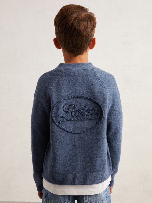 Reiss Value - 9-13 yrs Wool Embroidered-Logo Cardigan in Dark Airforce Blue