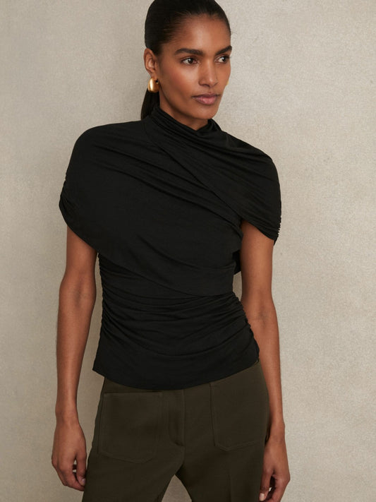 Reiss Affordable - Stretch Lyocell Draped Top in Black