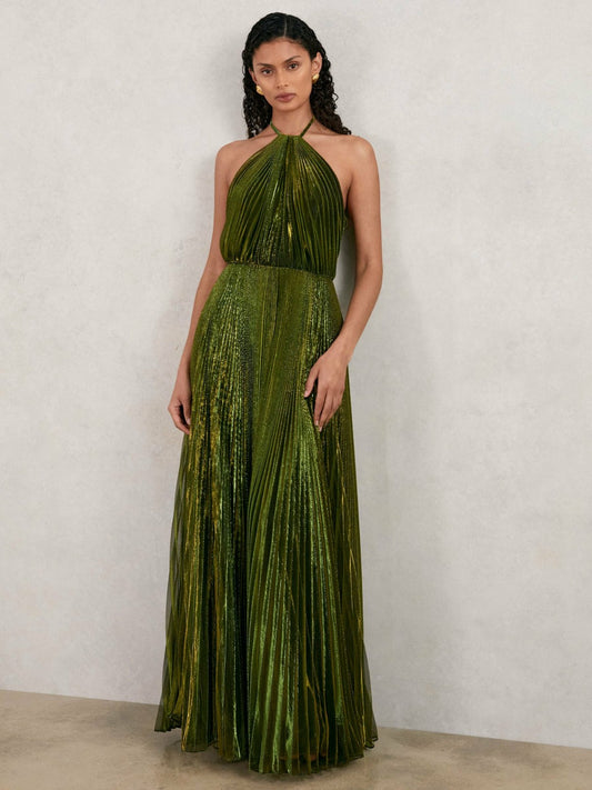 Reiss Best Seller - Halston Metallic Pleated Maxi Dress in Dark Olive Green
